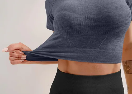 Miniatura 4 de HYZ Conjunto de 3 piezas de entrenamiento para mujer, sin costuras, para yoga, gimnasio, correr, deportes, camisa atlética de manga corta
