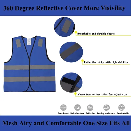 Miniatura 7 de Chalecos de seguridad azules 10 unidades - Chalecos de alta visibilidad reflectantes para construcción Clase ANSI 2 para hombre, mujer, malla