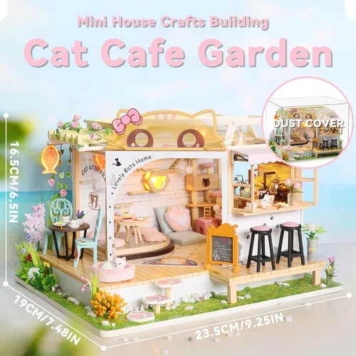 Miniatura 2 de Flever Kit de casa de muñecas en miniatura para bricolaje, habitación creativa con muebles para regalo romántico de San Valentín (Cat Cafe Garden)