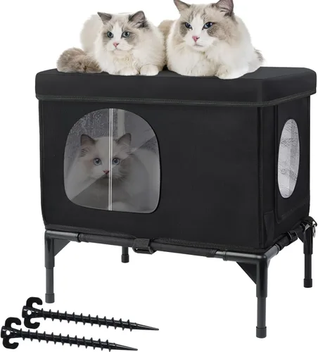 Casa para gatos al aire libre, resistente a la intemperie, aislada, para gatos con cojín acogedor, refugio elevado para gatos al aire libre,