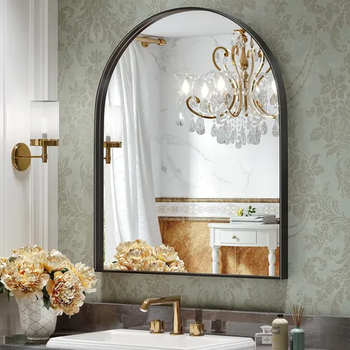 Miniatura 9 de Brightify - Espejo arqueado dorado de 24 x 32 pulgadas, espejo de pared con marco de metal de latón para baño, espejo arqueado superior para tocador