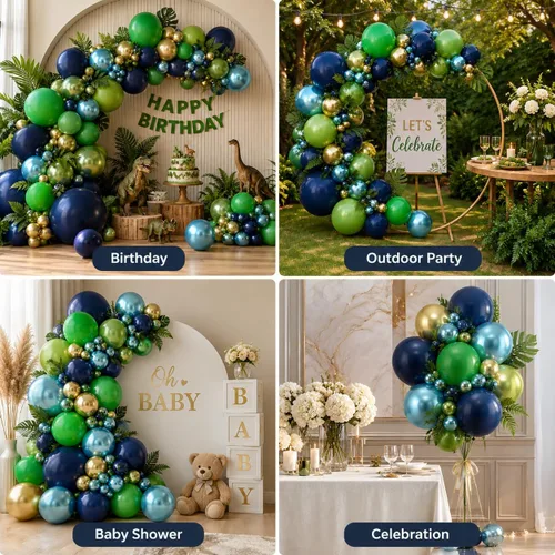 Miniatura 6 de Kit de guirnalda de globos azules y verdes de 134 piezas, kit de arco de globos azul marino, verde oscuro y dorado con globos cromados metálicos