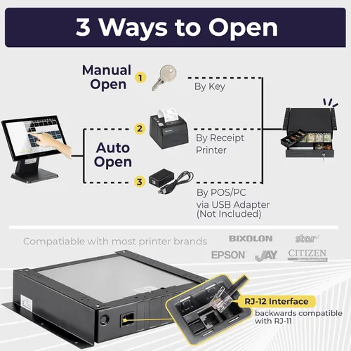 Miniatura 4 de Volcora Cajón de caja registradora con soporte de metal de montaje debajo del mostrador, cajón de efectivo negro de 16 pulgadas para POS, bandeja