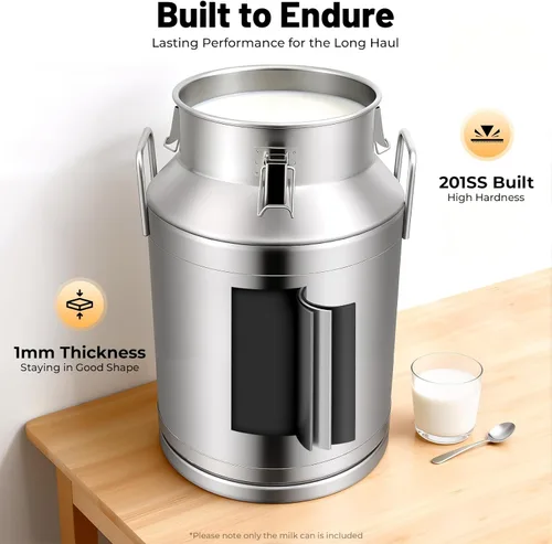 Miniatura 5 de Lata de leche de acero inoxidable de 40 litros/10.56 galones, cubo de jarra de leche resistente con mango ergonómico y tapa hermética, recipiente