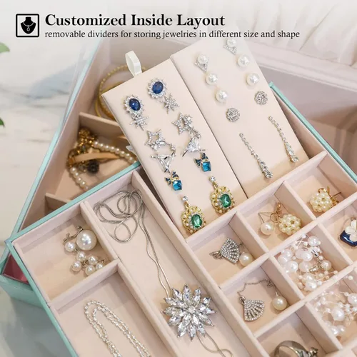 Miniatura 3 de ProCase - Joyero grande de cuero con dos niveles para organizar aretes, pulseras, anillos, relojes, para mujeres, niñas, regalo ideal para novia
