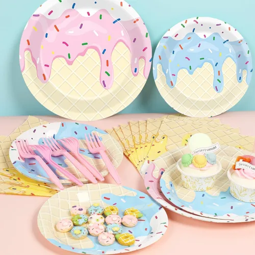 Miniatura 4 de 96 piezas de decoraciones para fiesta de helados, platos temáticos de helado para fiesta de cumpleaños, fiesta de helado dulce de verano, platos