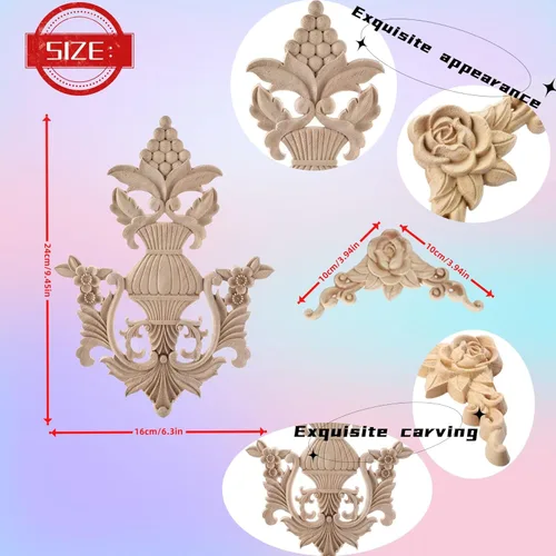 Miniatura 3 de 5 piezas de apliques de madera tallada en madera Onlays Onlays DIY tallados muebles apliques Onlays sin pintar centro tallado calcomanía para puerta