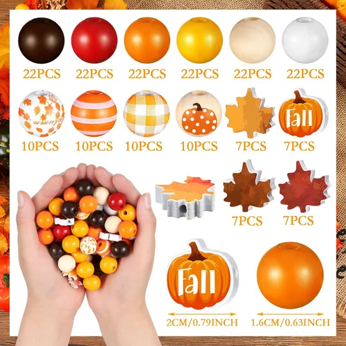 Miniatura 2 de Ripeng 200 cuentas de madera de Acción de Gracias, naranja, cuentas de calabaza, hoja de arce, gnomo, a cuadros, coloridas y redondas para cosecha
