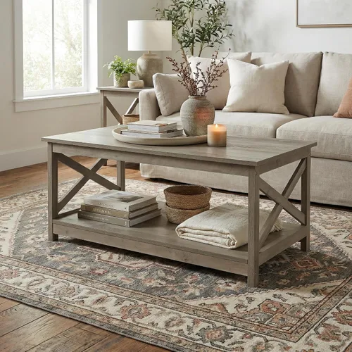 Mesa de centro Rainbow Sophia, mesa de centro moderna de estilo casa de campo con almacenamiento de 2 niveles, 40 pulgadas, roble lavado Washed Oak