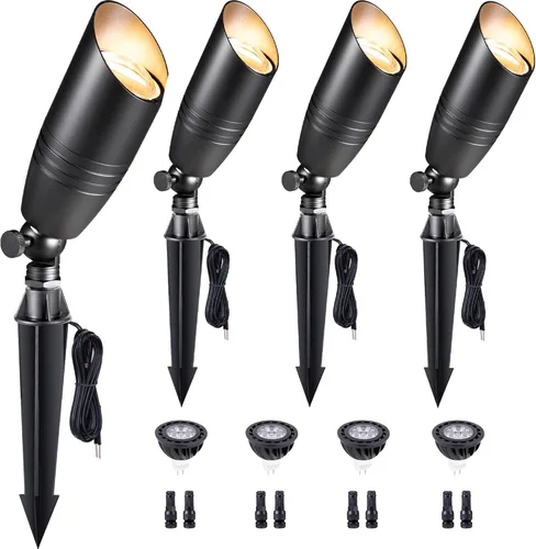 Miniatura 13 de Gardenreet Focos de paisaje de bajo voltaje - Luz superior LED de latón 12V para exterior, luces focales cableadas IP65 impermeables, enfoque