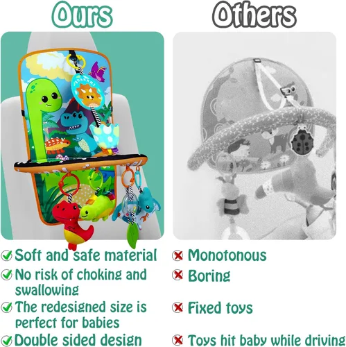 Miniatura 5 de Asiento de automóvil para bebé, juguetes de dinosaurios, juguete de doble cara para asiento de automóvil infantil con juguetes de peluche, espejo