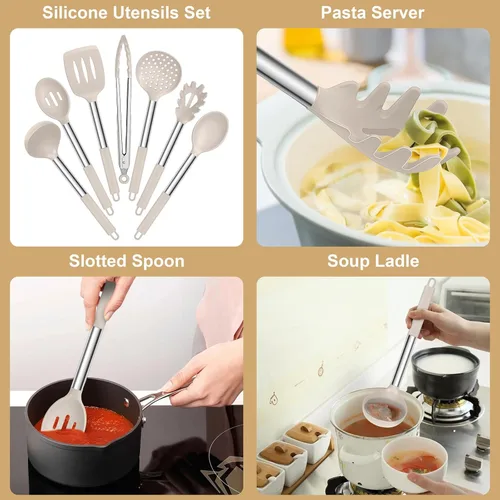 Miniatura 3 de E-far Juego de utensilios de cocina de silicona, 7 piezas de utensilios de cocina resistentes al calor con mango de acero inoxidable, espátula Caqui