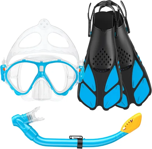 Miniatura 12 de Seovediary Juego de esnórquel para niños, máscara, aletas, equipo de esnórquel para niños, gafas de natación antiniebla con vista panorámica de 180