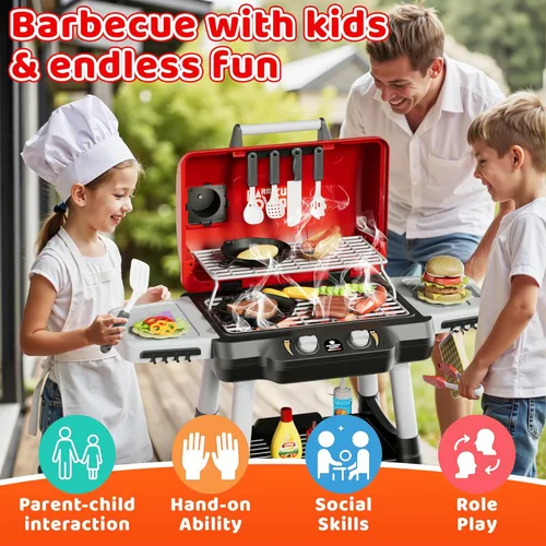 Miniatura 3 de Juguetes de cocina para niños, juego de parrilla BBQ para niños, juguete de barbacoa de 2 niveles con ruedas, sonido de humo y luz, juego