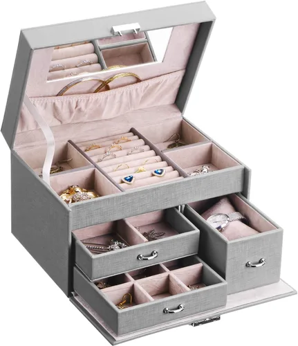 BEWISHOME Jewelry Box, 20 Section Jewelry Organizer Box for Earrings,Rings,Necklaces,Cufflinks,Pendants Grey, Birthday Gift for Women,Women
