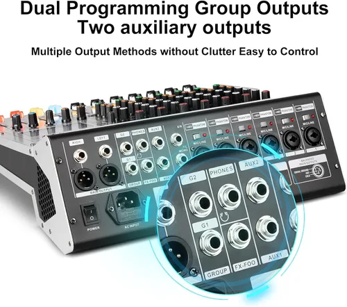 Miniatura 8 de Depusheng AG8 Mezclador de audio profesional de 8 canales con reproductor MP3, fuente USB de grabación, con agrupación y 2 interfaces AUX, 99