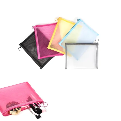 Miniatura 16 de patu Bolsas de malla con cremallera, estuche largo, 5 piezas, organizador de accesorios cosméticos de maquillaje de belleza, juego de artículos