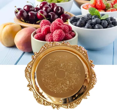 Miniatura 2 de TITA-DONG Plato redondo de fruta, bandeja de metal para servir alimentos, platos redondos vintage, bandeja de frutas, postre y pastel, disco Dorado