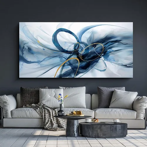 Miniatura 17 de XLSJERST Arte abstracto de pared para sala de estar, lienzo grande, azul y blanco, minimalismo moderno, obra de arte horizontal para dormitorio