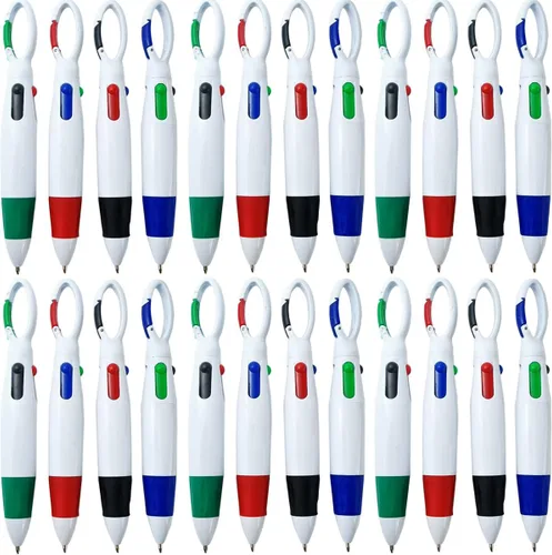 NSBELL 24 bolígrafos de plástico con mosquetón tipo lanzadera, 4 en 1, retráctiles, bolígrafos multicolor con hebilla y llavero en la parte superior