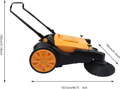Miniatura 6 de TFCFL Barredora industrial de empuje manual de 41 pulgadas, barredora amarilla para exteriores e interiores con contenedor de residuos grande