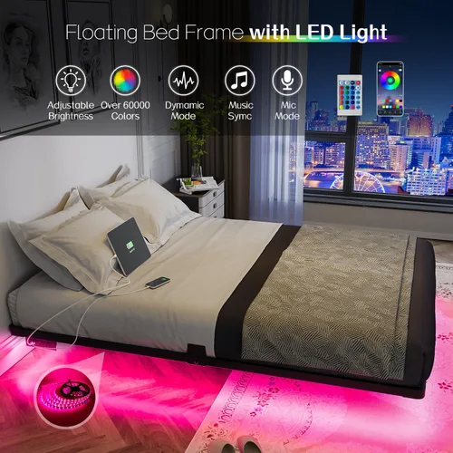Miniatura 5 de OLEVS Base de cama flotante de tamaño matrimonial con luces LED inteligentes y estación de carga, cama moderna de plataforma de metal, fácil