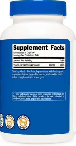 Miniatura 5 de Nutricost Suplemento de vitamina D2 (2000 UI) 240 cápsulas - Vegano, sin OMG, sin gluten, probado por terceros