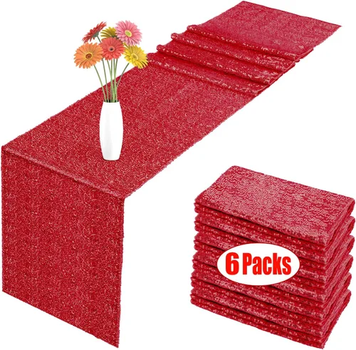 Paquete de 6 caminos de mesa de lentejuelas rojas, 12 x 108 pulgadas, camino de mesa rojo brillante para mesa rectangular para cumpleaños, boda,