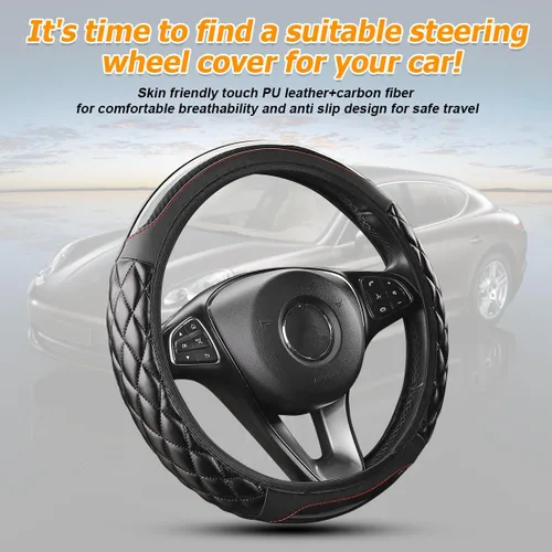 Miniatura 5 de Funda de fibra de carbono para volante de automóvil, de cuero transpirable, antideslizante, protector de volante de vehículo de 14.5 a 15 pulgadas