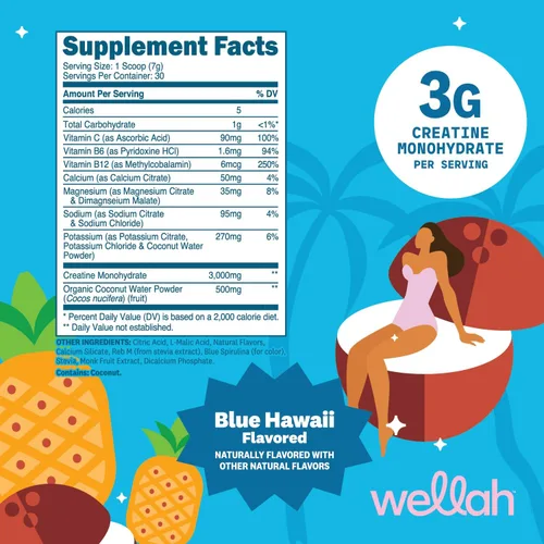 Miniatura 2 de Wellah Creatina + electrolitos en polvo (Blue Hawaii) 30 porciones - Mezcla de bebida de hidratación con 0.11 onzas de monohidrato de creatina