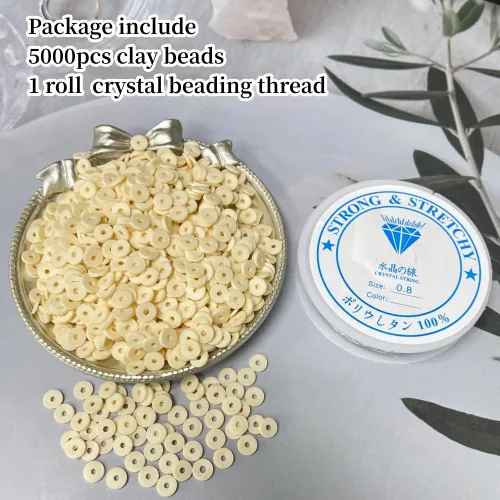 Miniatura 2 de 5000 cuentas de arcilla crema, arcilla polimérica Heishi, cuentas espaciadoras redondas planas para pulseras, aretes, collares, manualidades hechas