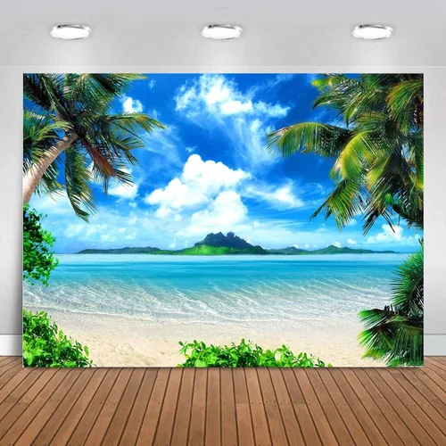 Miniatura 9 de Fondo de Fotografía Tropical Hawaiano Playa Palmera Cielo Azul y Nubes Blancas Decoración de Fiesta de Boda Telón de Fondo de Fotografía 5x3 pies