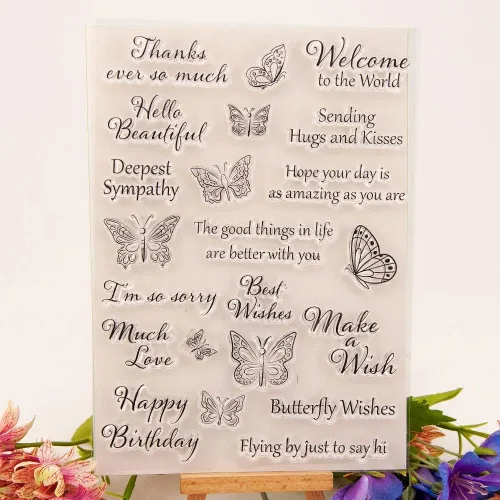 Sellos transparentes de mariposas con sentimientos, diseño de palabras de felicitación de mariposa, sellos transparentes para decoración de tarjetas