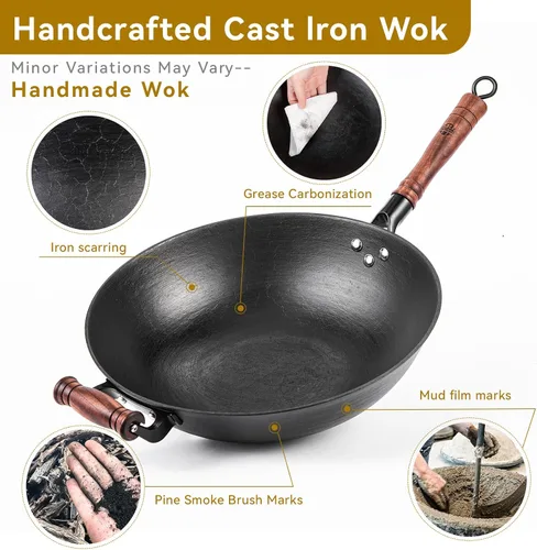 Miniatura 6 de WANYUANJI Wok de hierro fundido, wok de fondo plano de 12.59 pulgadas con tapa de vidrio, adecuado para todos los fogones, olla de artesanía