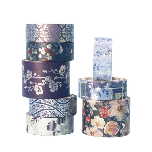 Miniatura 6 de Juego de 8 rollos de cinta adhesiva azul elegante Washi con adornos plateados anchos, cinta decorativa para manualidades, bricolaje, diarios