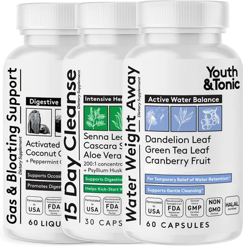 Youth & Tonic Alivio de la hinchazón del vientre, paquete de 3 unidades para la deshinchazón de agua, intestino y gases - Retención de agua y