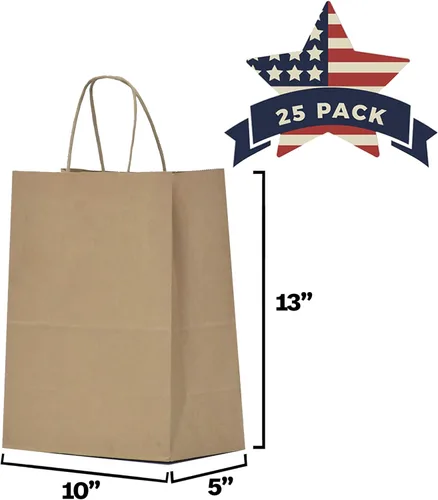 Miniatura 2 de Qutuus Bolsas de regalo de estraza grandes con asas, 25 bolsas de regalo de 10 x 5 x 13 pulgadas, bolsas de papel kraft reutilizables para compras