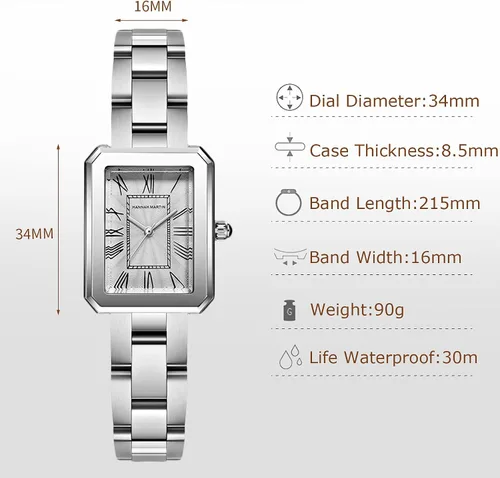 Miniatura 5 de RORIOS Reloj analógico de cuarzo para mujer, con correa de acero inoxidable, impermeable, retro, cuadrado, reloj elegante para mujer