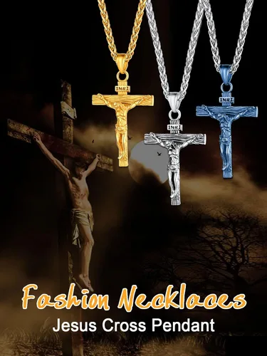 Miniatura 8 de U7 Colgante de cruz de crucifijo para hombre con cadena de bautismo, joyería cristiana, acero inoxidable, oro de 18 quilates, collar antiguo