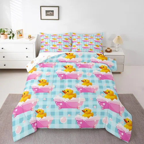 Erosebridal Juego de ropa de cama a cuadros azul para niños, juego de cama individual con diseño de patos amarillos de dibujos animados, juego de