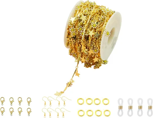 Miniatura 29 de Cadena de eslabones de girasol esmaltada hecha a mano con fornituras de latón chapado en oro para hacer joyas, máscara de vidrio, zapatos, Cc02