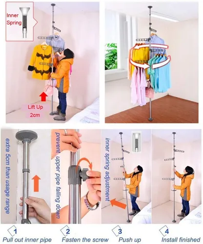 Miniatura 7 de BAOYOUNI Perchero organizador de 4 niveles para ropa de pie a techo, ajustable, de metal, para colgar ropa, color gris Gris con 4 ganchos y 1 gancho