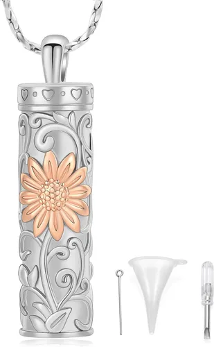 Miniatura 64 de Collar de urna de girasol para cenizas, collar de barra cilíndrica para cenizas para mujer, colgante de recuerdo para cenizas, joyería de cremación