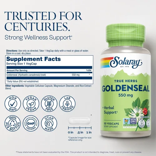 Miniatura 2 de SOLARAY Goldenseal - Cápsulas de raíz de 550 mg, suplementos herbales Golden Seal para apoyo al bienestar, veganas, sin gluten, para adultos, 50