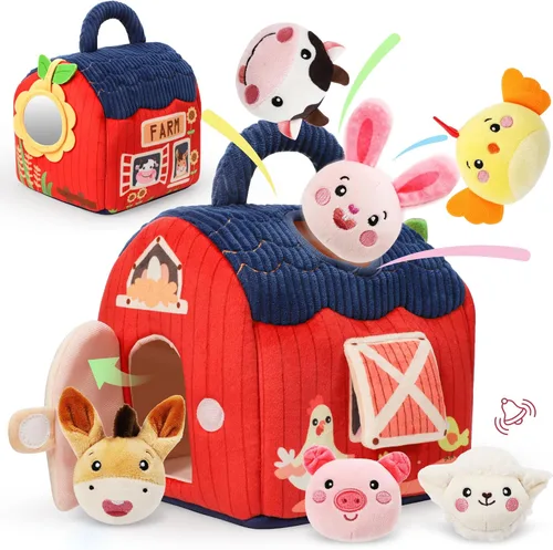 Juguetes para Bebés de 6-12 Meses - Peluche Suave Granero Sorpresa de Animales de Granja Rellenos, Sonajero, Crujiente, Espejo, Juguetes Montessori