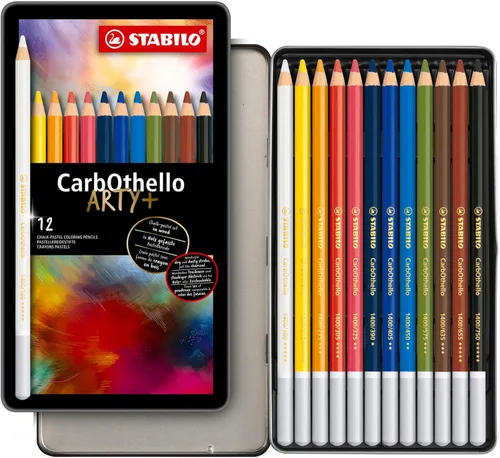 STABILO Lápiz de Color de Artista Pastel Tiza CarbOthello ARTY, Juego de 12 en Lata, Efectos de Acuarela, Bocetos, Dibujo, Colorear