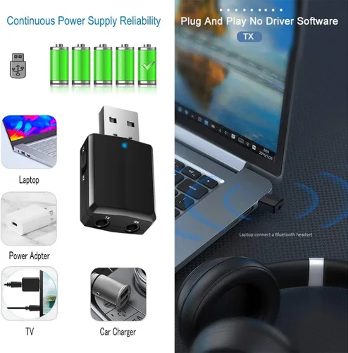 Miniatura 4 de ISOBEL Receptor transmisor de audio Bluetooth USB, adaptador de audio inalámbrico de alta fidelidad 3 en 1, adaptador Bluetooth 5.0 EDR con AUX