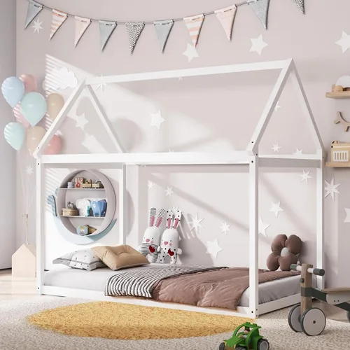 Miniatura 13 de Costzon Base de cama individual de madera, plataforma estable para niños, con techo y listones de alta resistencia, no necesita somier, bricolaje