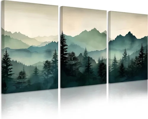 Miniatura 7 de Decoración de pared de montaña neutral Arte de pared de set de 3 lienzos de bosque Arte de pared de paisajes Arte de pared moderno Cuadros
