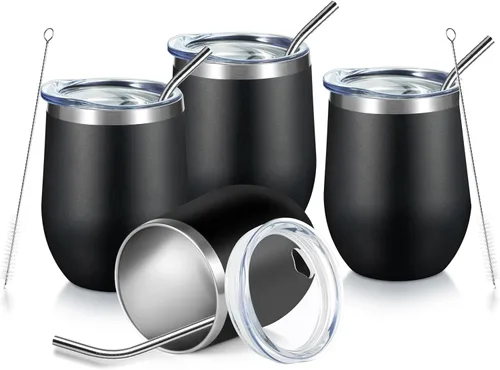 Miniatura 24 de COMOOO Vaso de vino aislado de 12 onzas con tapa, vaso de vino de acero inoxidable sin tallo, vaso de vino de doble pared al vacío con pajita, café